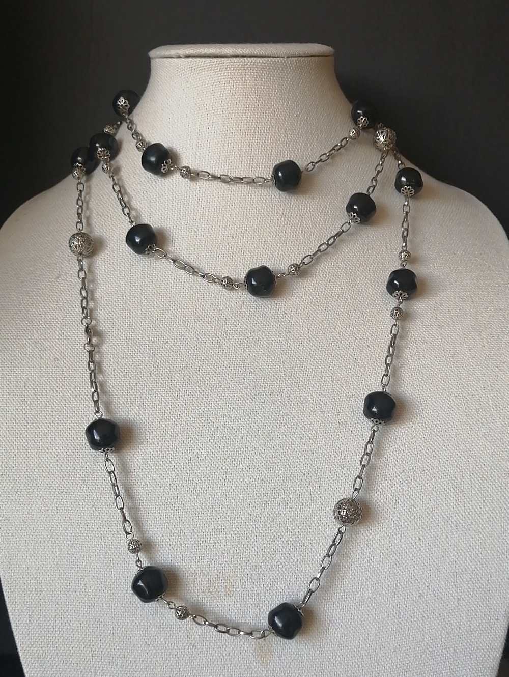 Black Silvertone Beads Extra Long Necklace on Silvertone Chain